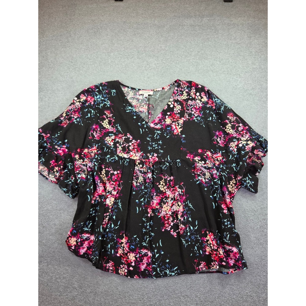 Andree by Unit Womens Floral Babydoll Blouse M Black Boho Cottagecore